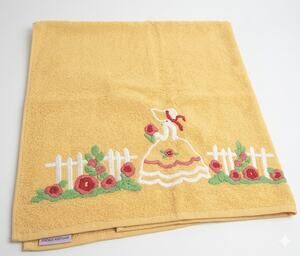 Vintage Martex Yellow Punch Needle Bath Towel Southern Belle Lady